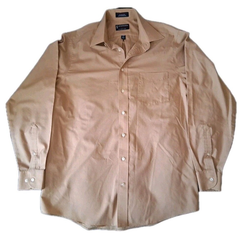 Stafford The Super Shirt Classic Fit Tan Solid Cotton Dress Shirt 15.5 34-35